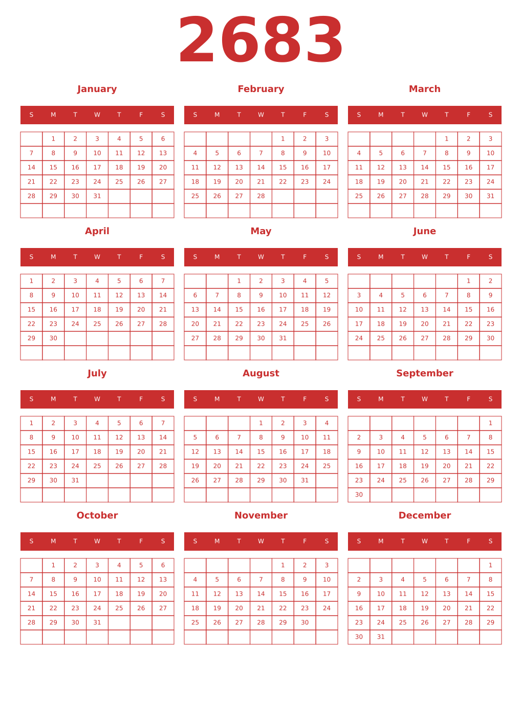 Printable 2683 Year Calendars red