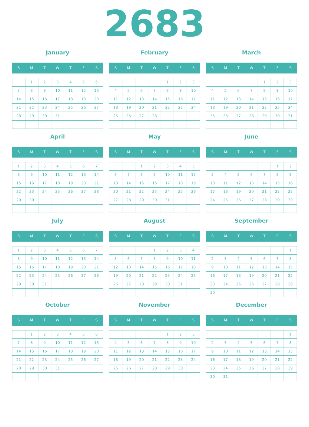 Printable 2683 Year Calendars verdigris