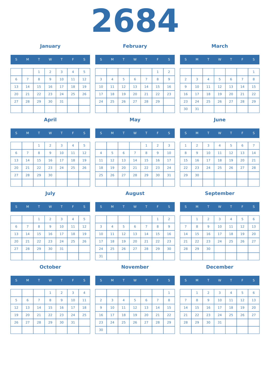 Printable 2684 Year Calendars blue