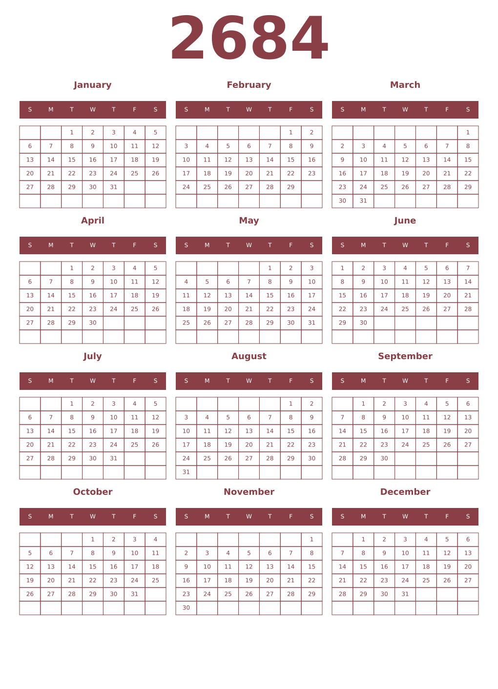 Printable 2684 Year Calendars cordovan