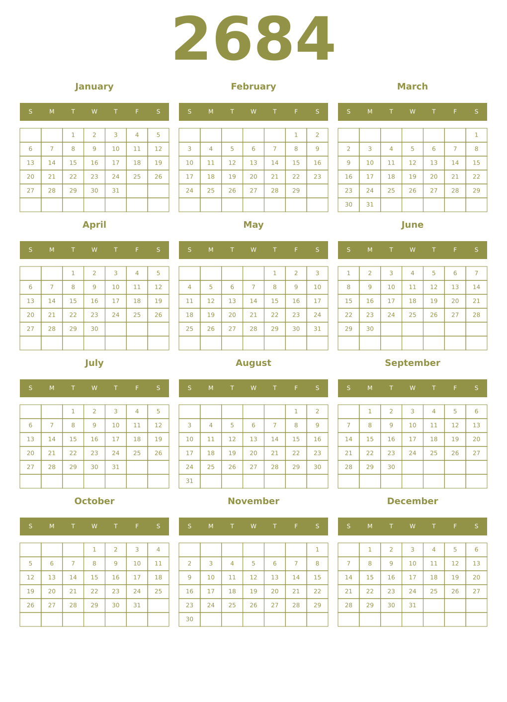 Printable 2684 Year Calendars eburnean
