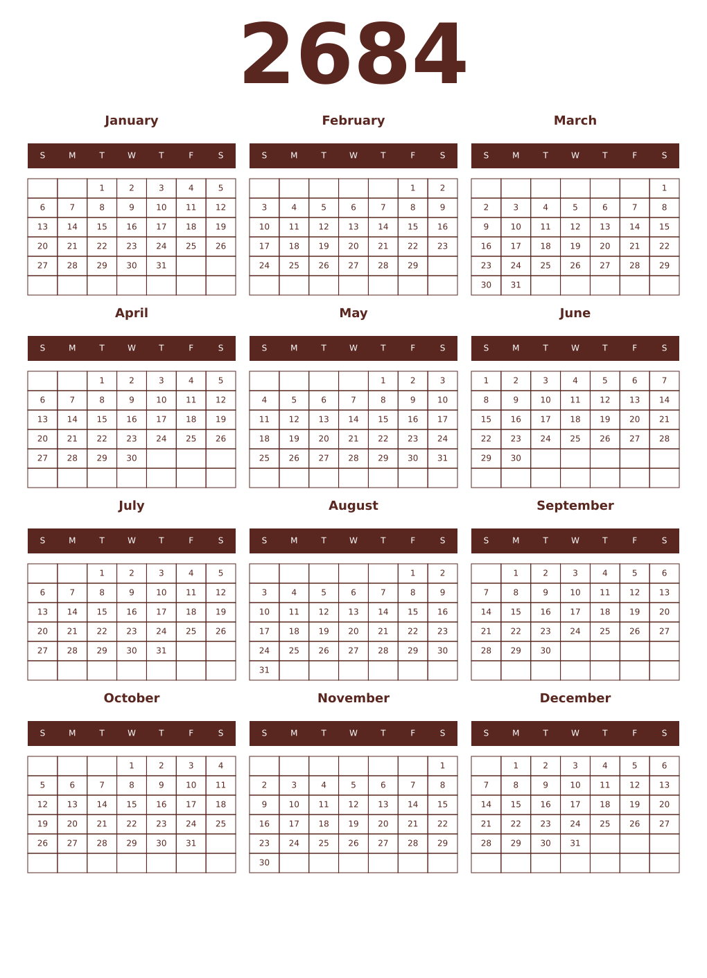 Printable 2684 Year Calendars mortuum