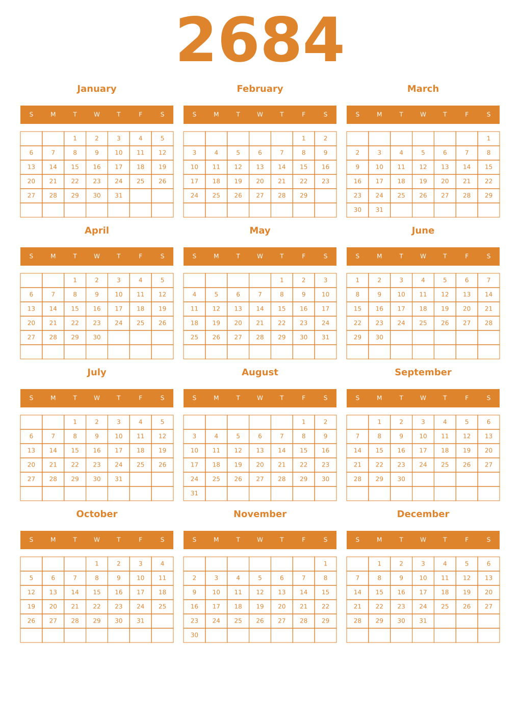 Printable 2684 Year Calendars orange