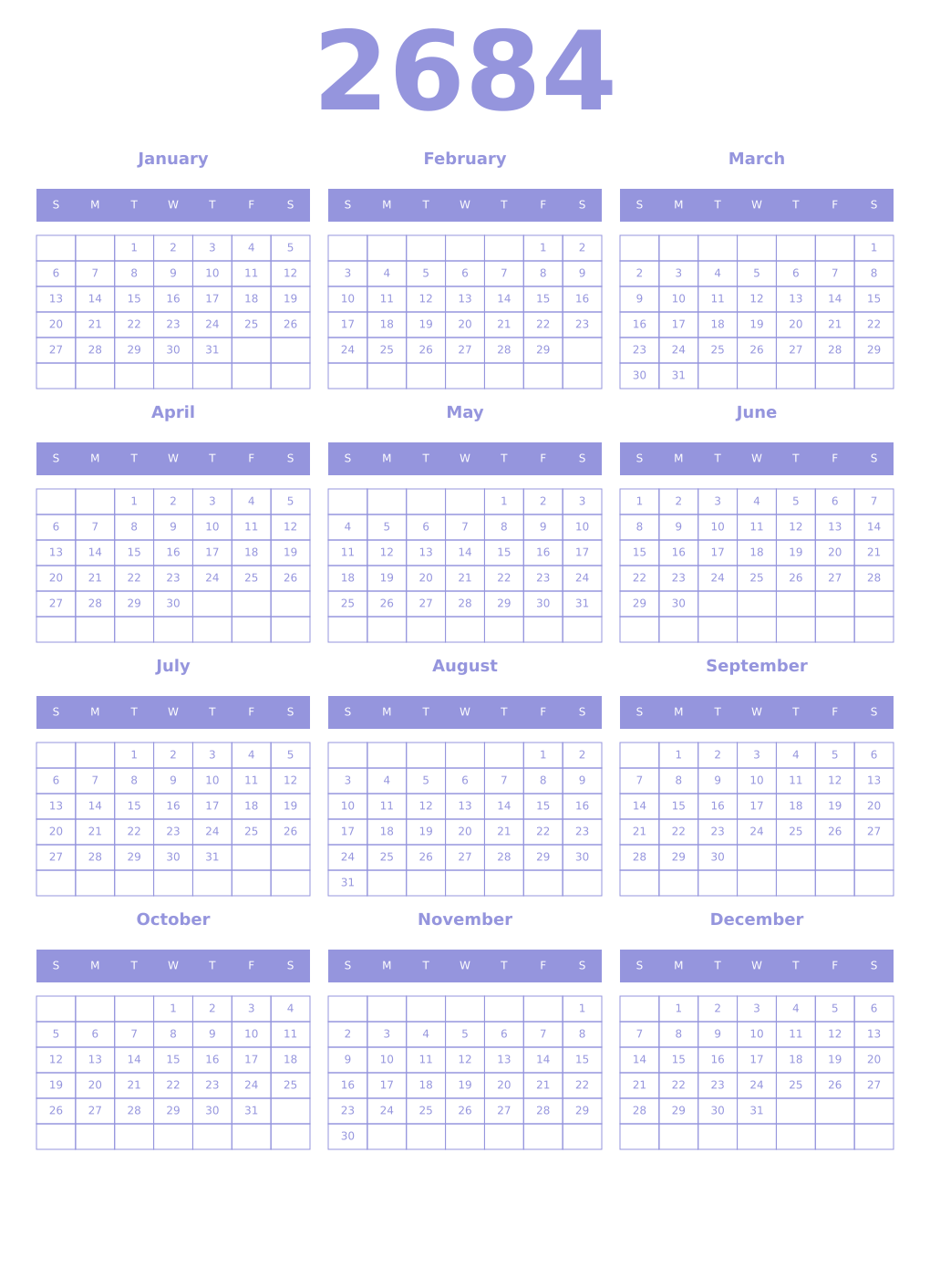 Printable 2684 Year Calendars periwinkle
