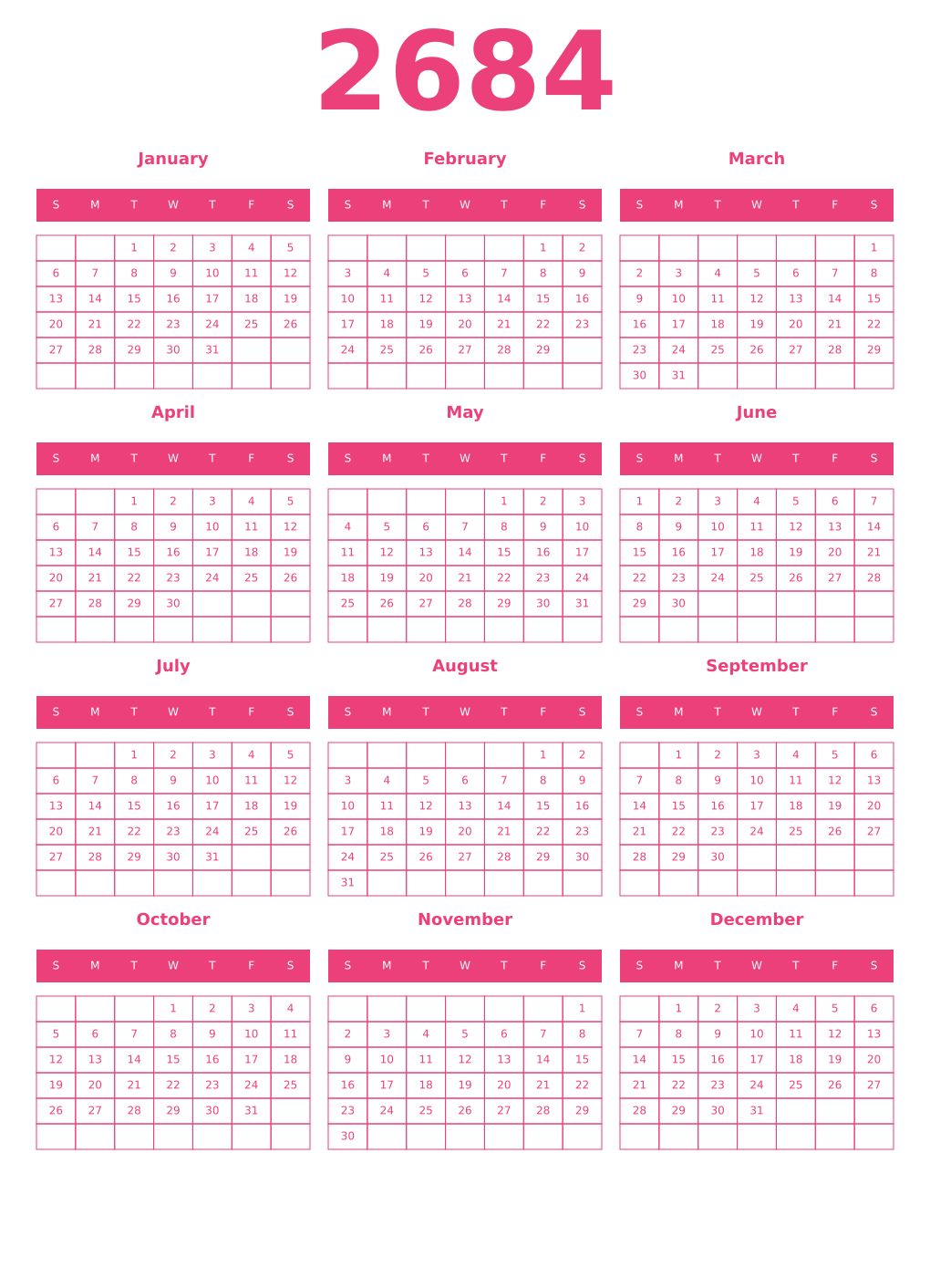 Printable 2684 Year Calendars pink