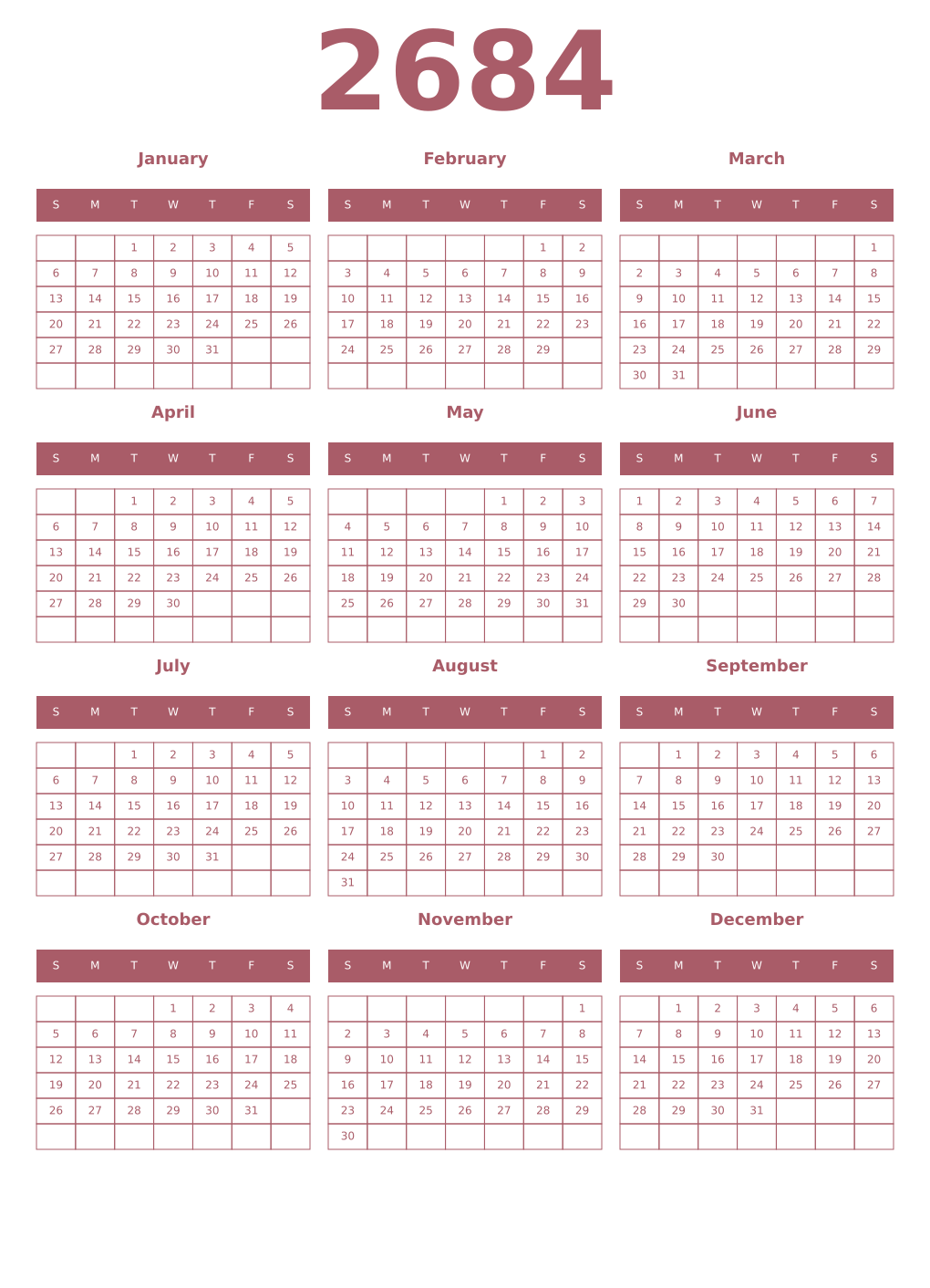 Printable 2684 Year Calendars puce