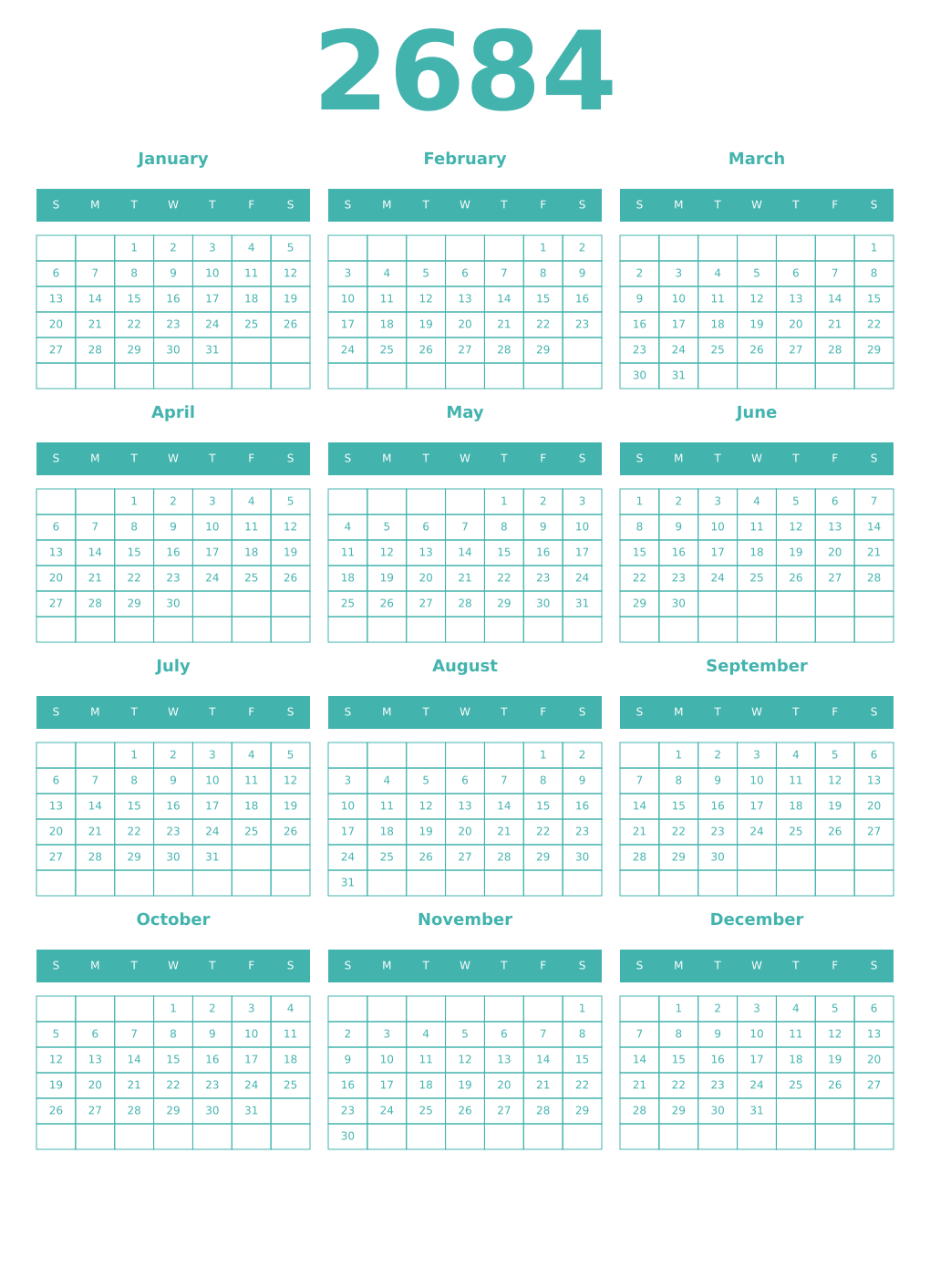 Printable 2684 Year Calendars verdigris