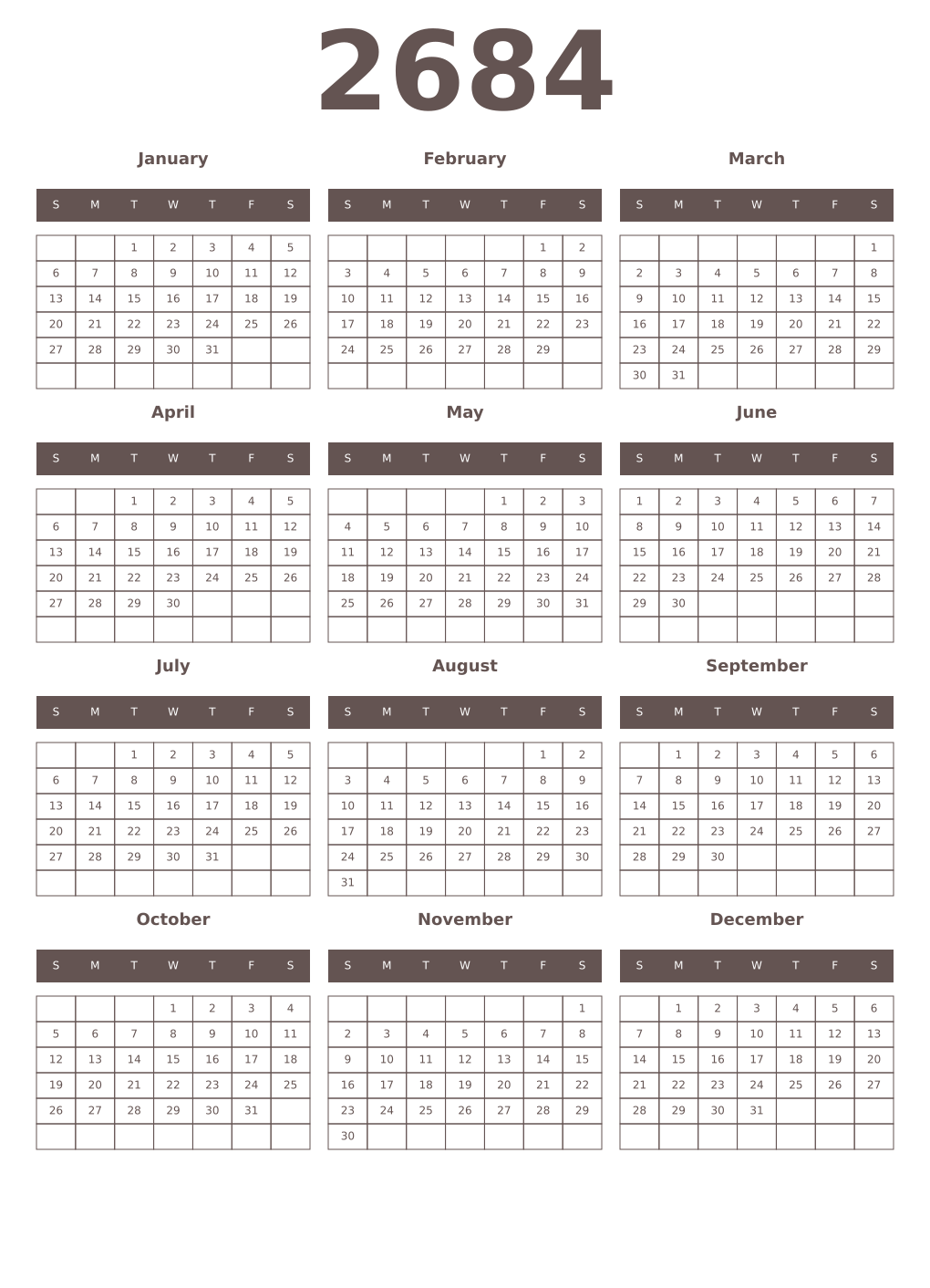 Printable 2684 Year Calendars wenge