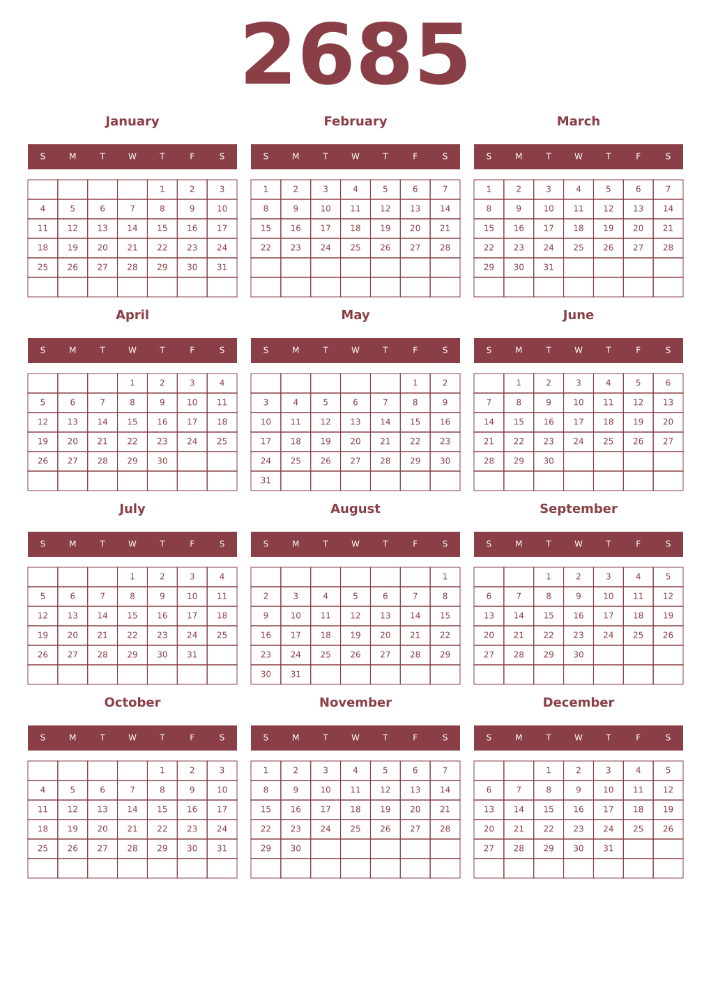 Printable 2685 Year Calendars cordovan