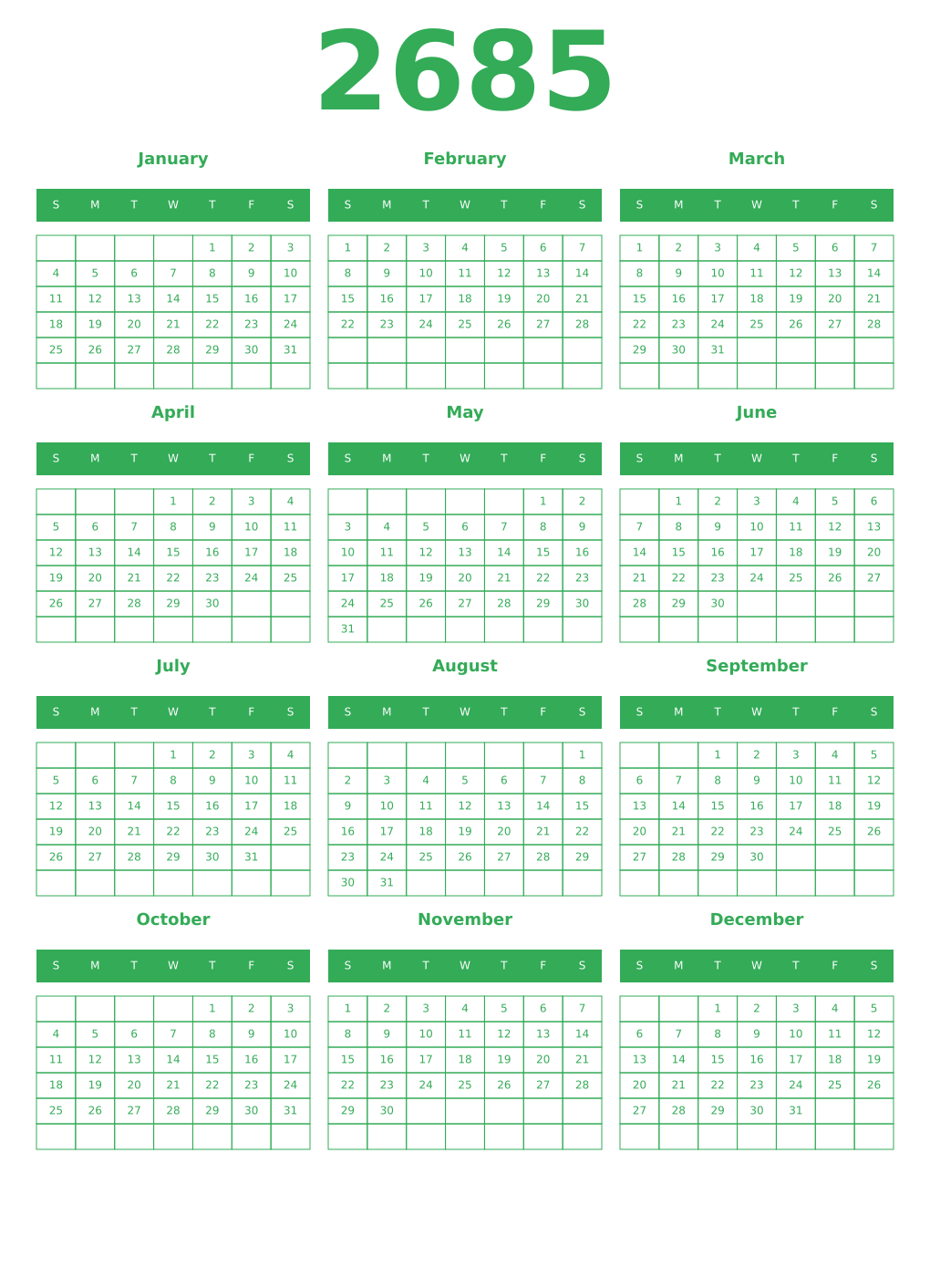 Printable 2685 Year Calendars green