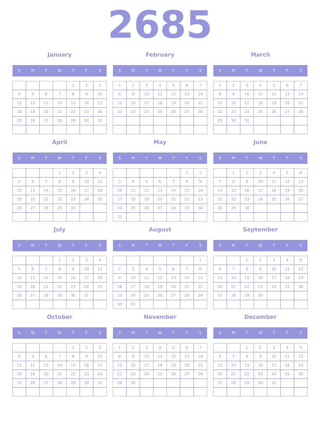 Printable 2685 Year Calendars periwinkle