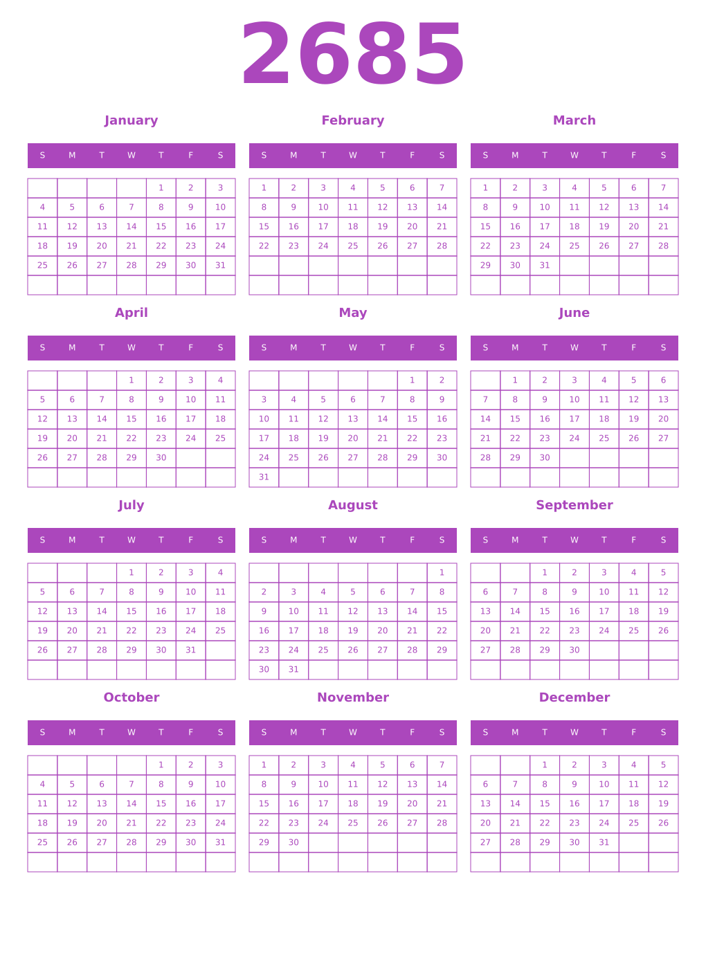Printable 2685 Year Calendars purple