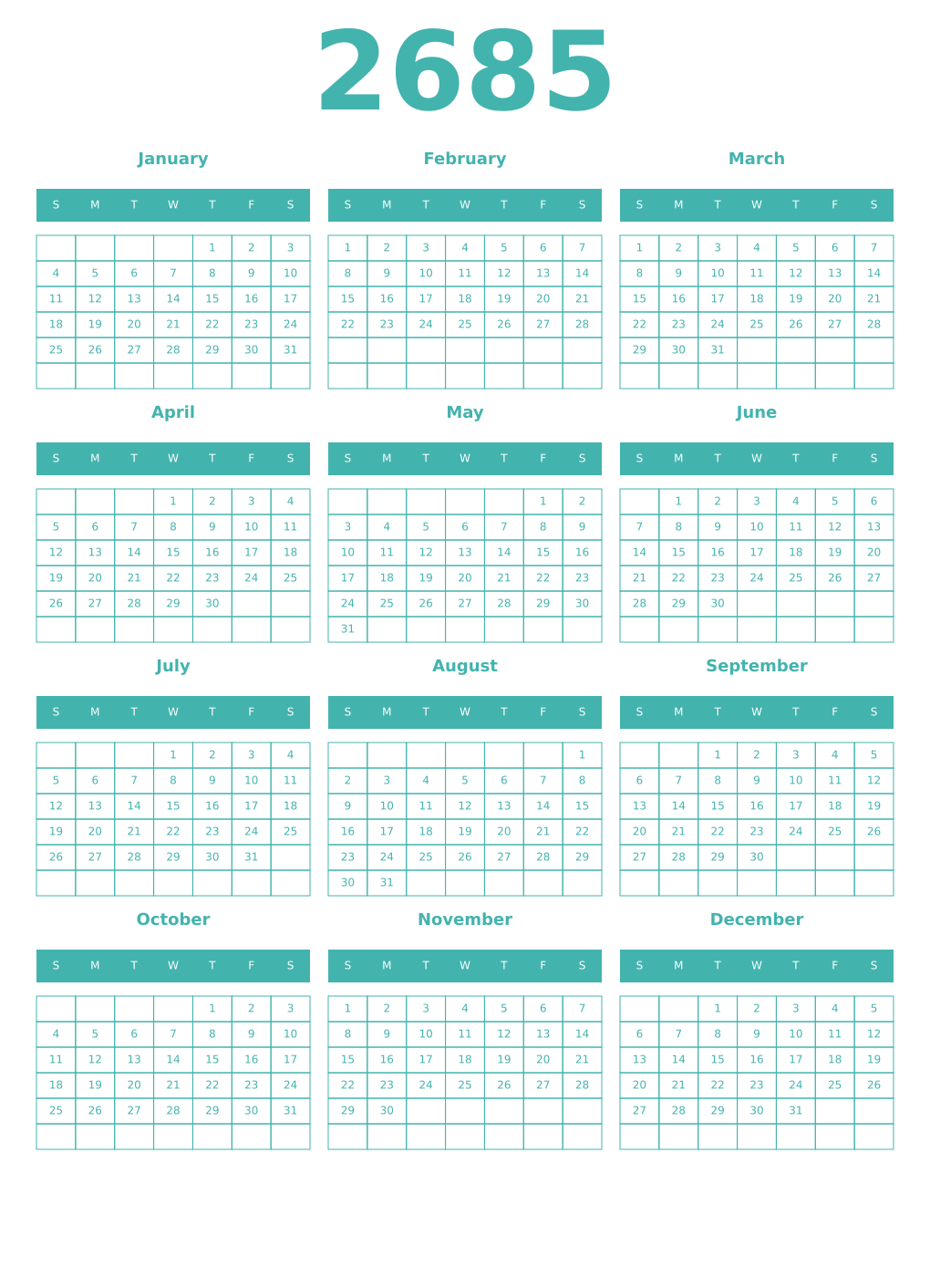 Printable 2685 Year Calendars verdigris