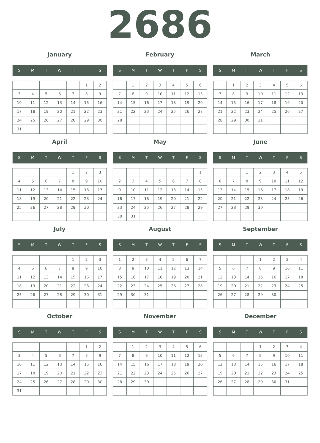 Printable 2686 Year Calendars feldgrau