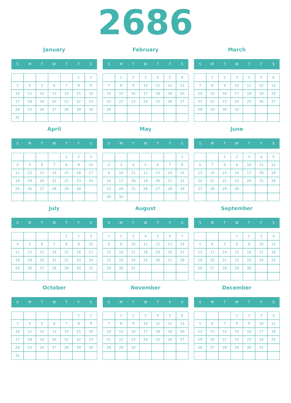Printable 2686 Year Calendars verdigris