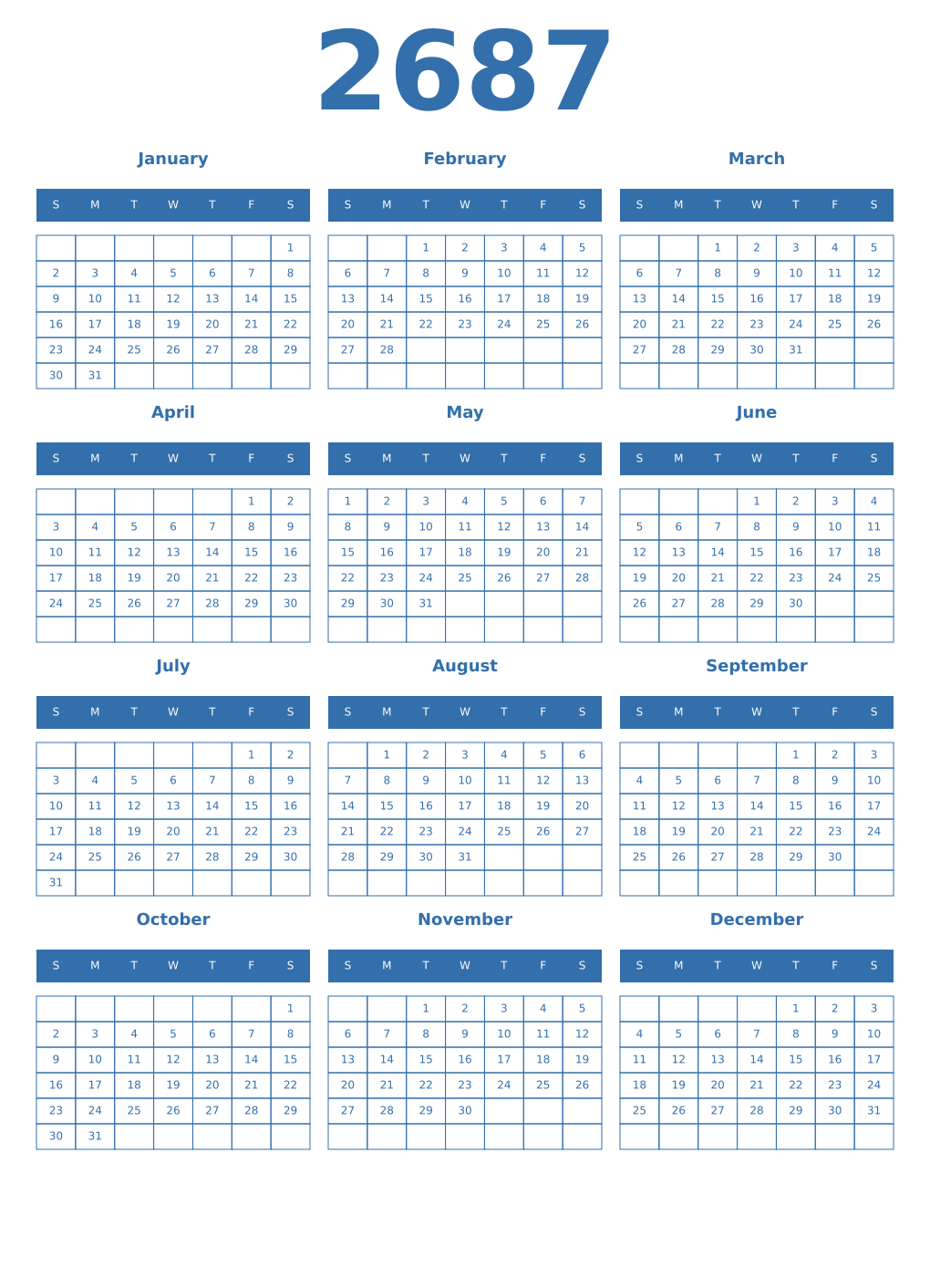 Printable 2687 Year Calendars blue