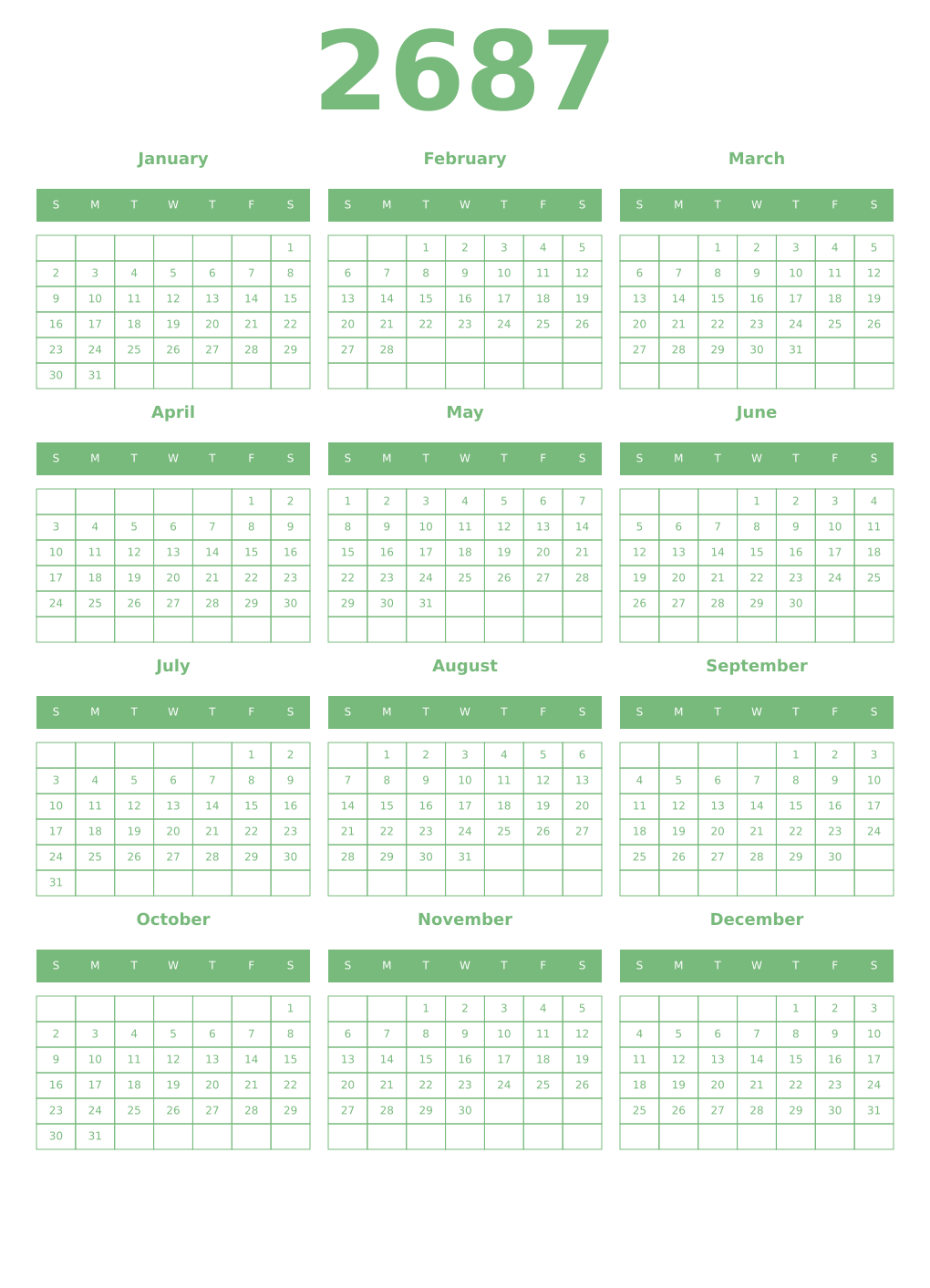 Printable 2687 Year Calendars celadon