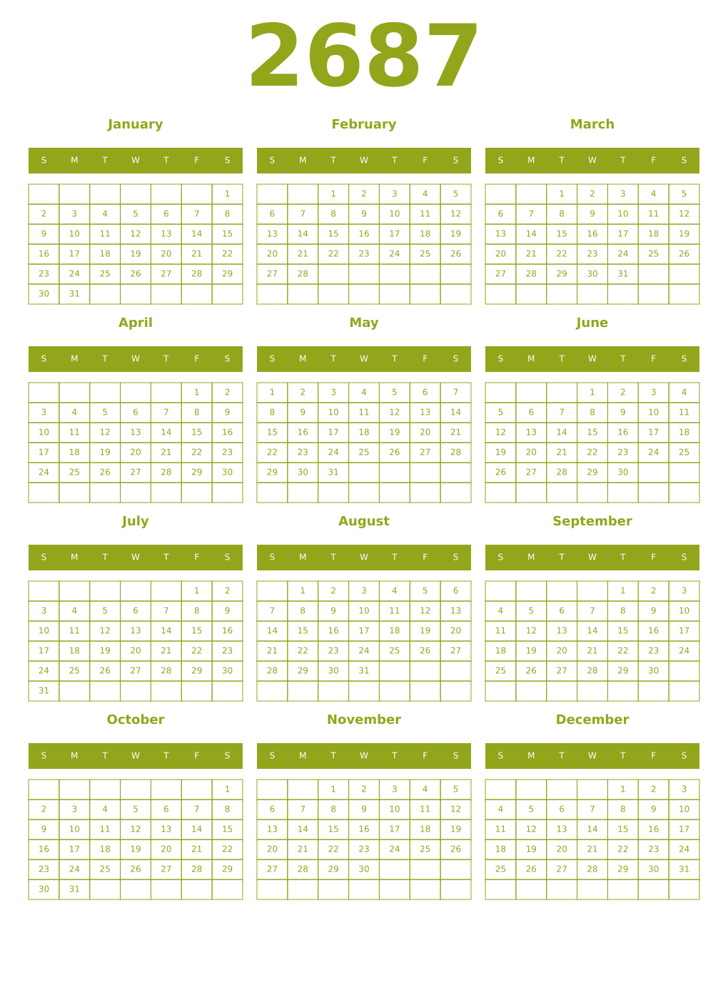 Printable 2687 Year Calendars chartreuse