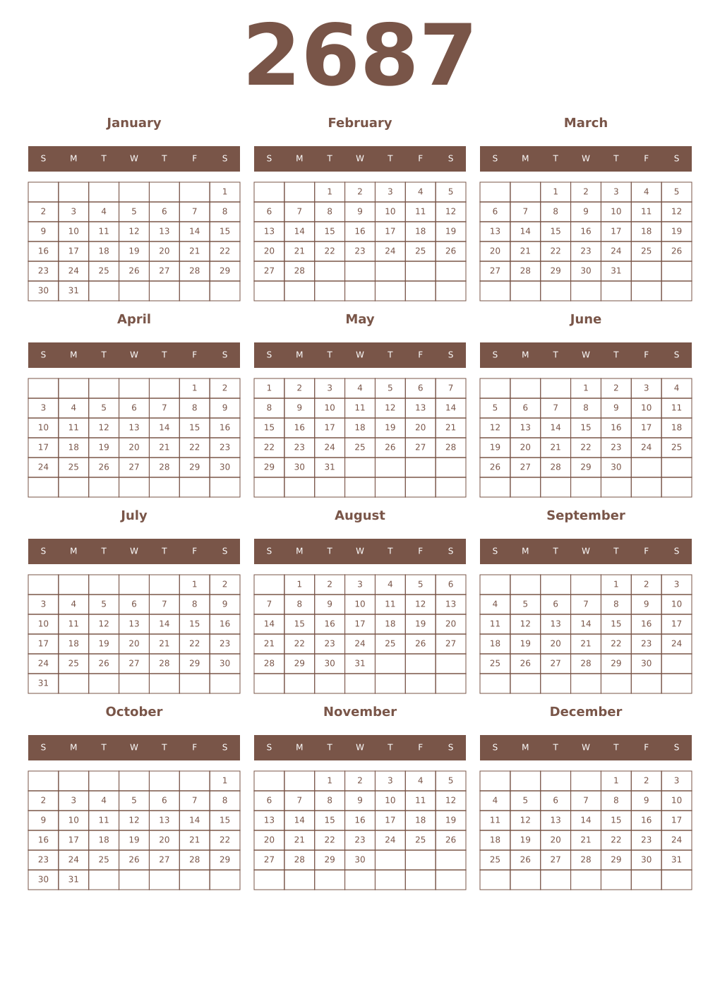 Printable 2687 Year Calendars coffe