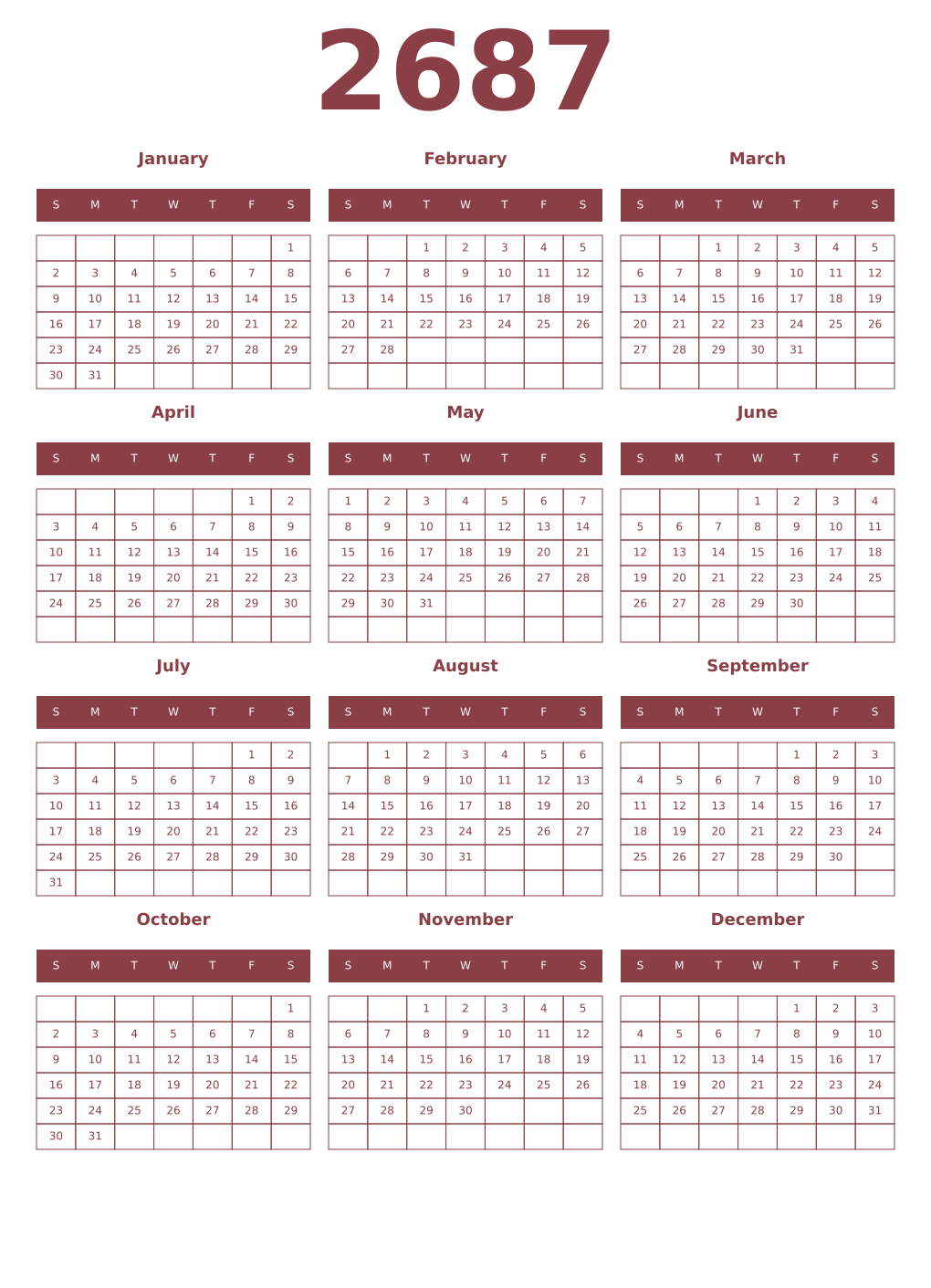 Printable 2687 Year Calendars cordovan