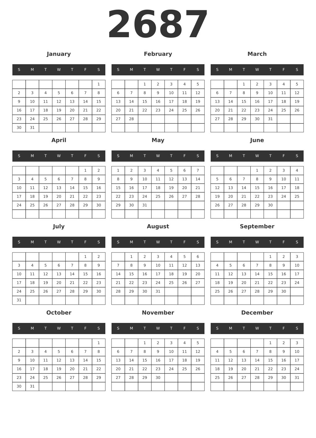 Printable 2687 Year Calendars dark