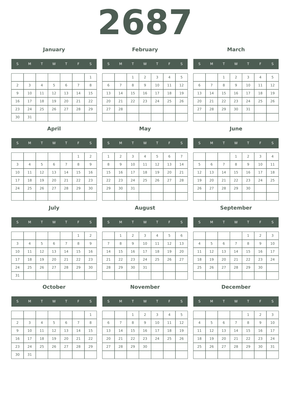 Printable 2687 Year Calendars feldgrau