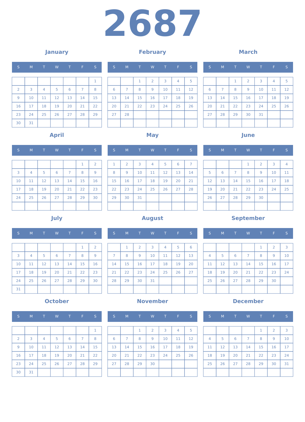 Printable 2687 Year Calendars glaucous