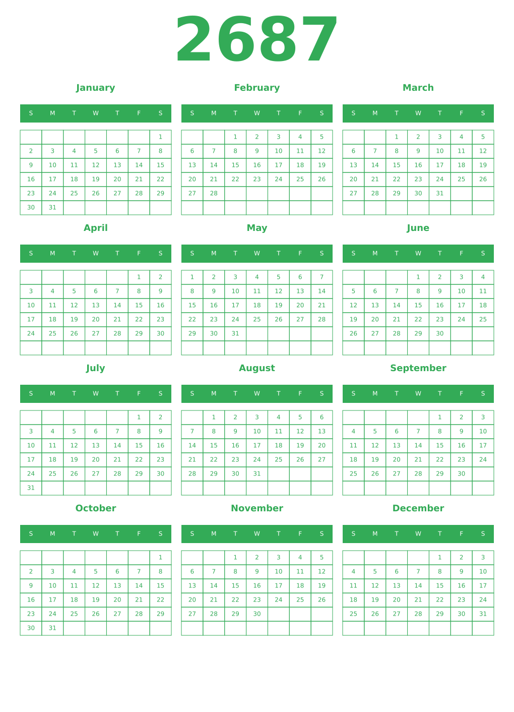Printable 2687 Year Calendars green