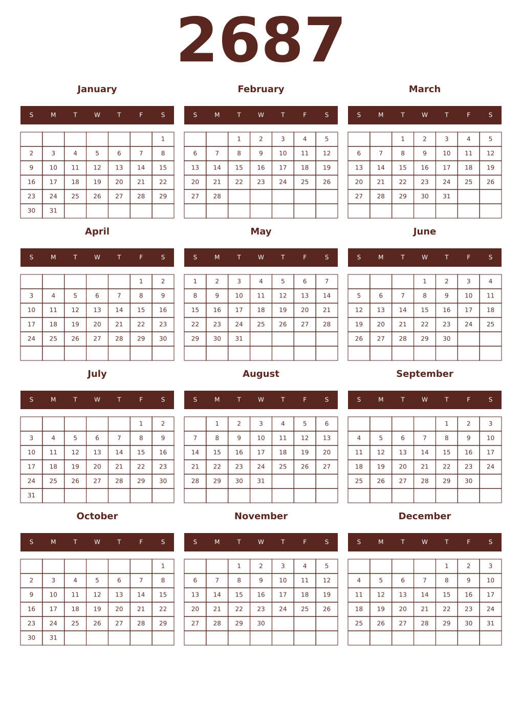 Printable 2687 Year Calendars mortuum