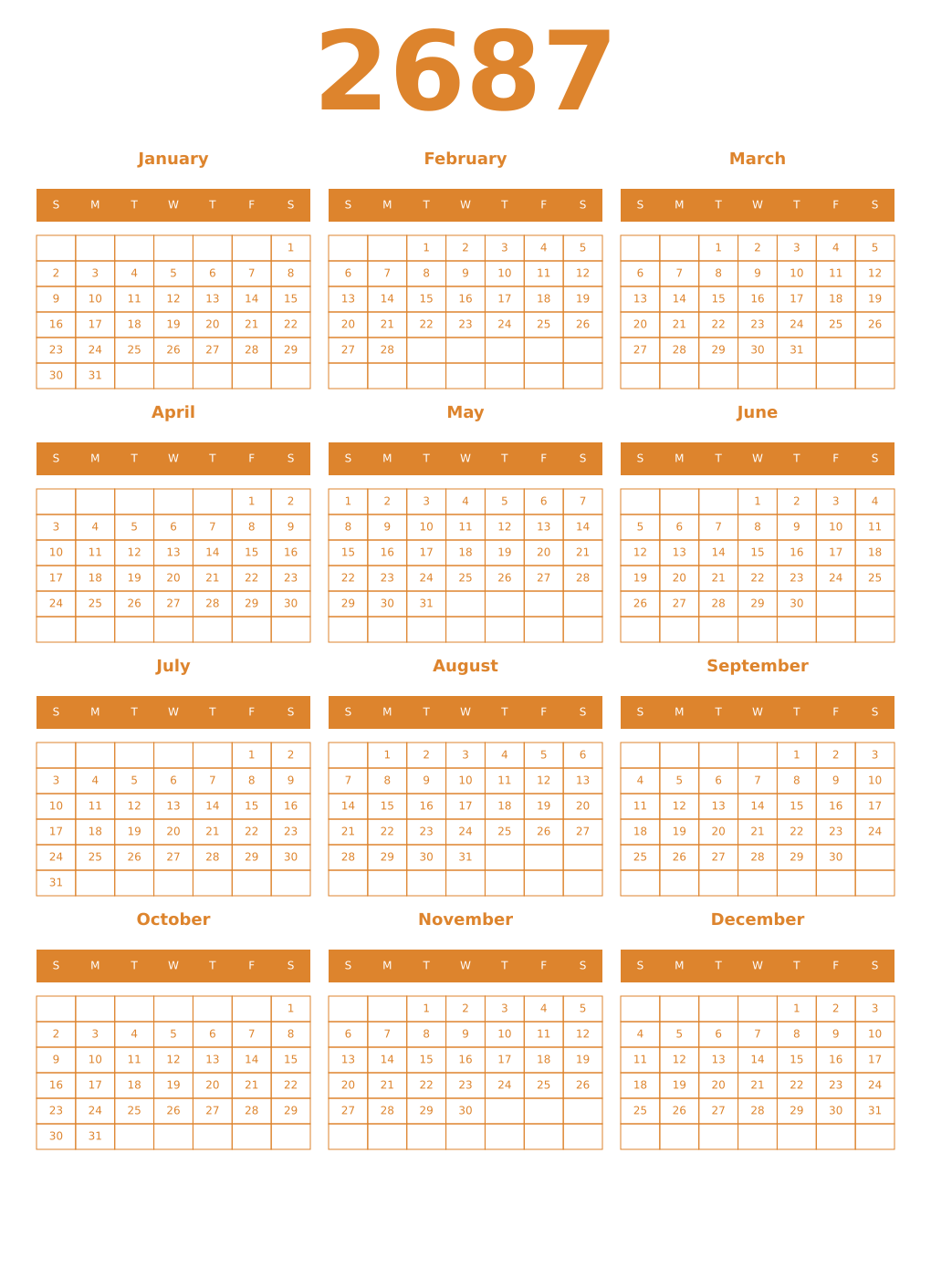 Printable 2687 Year Calendars orange