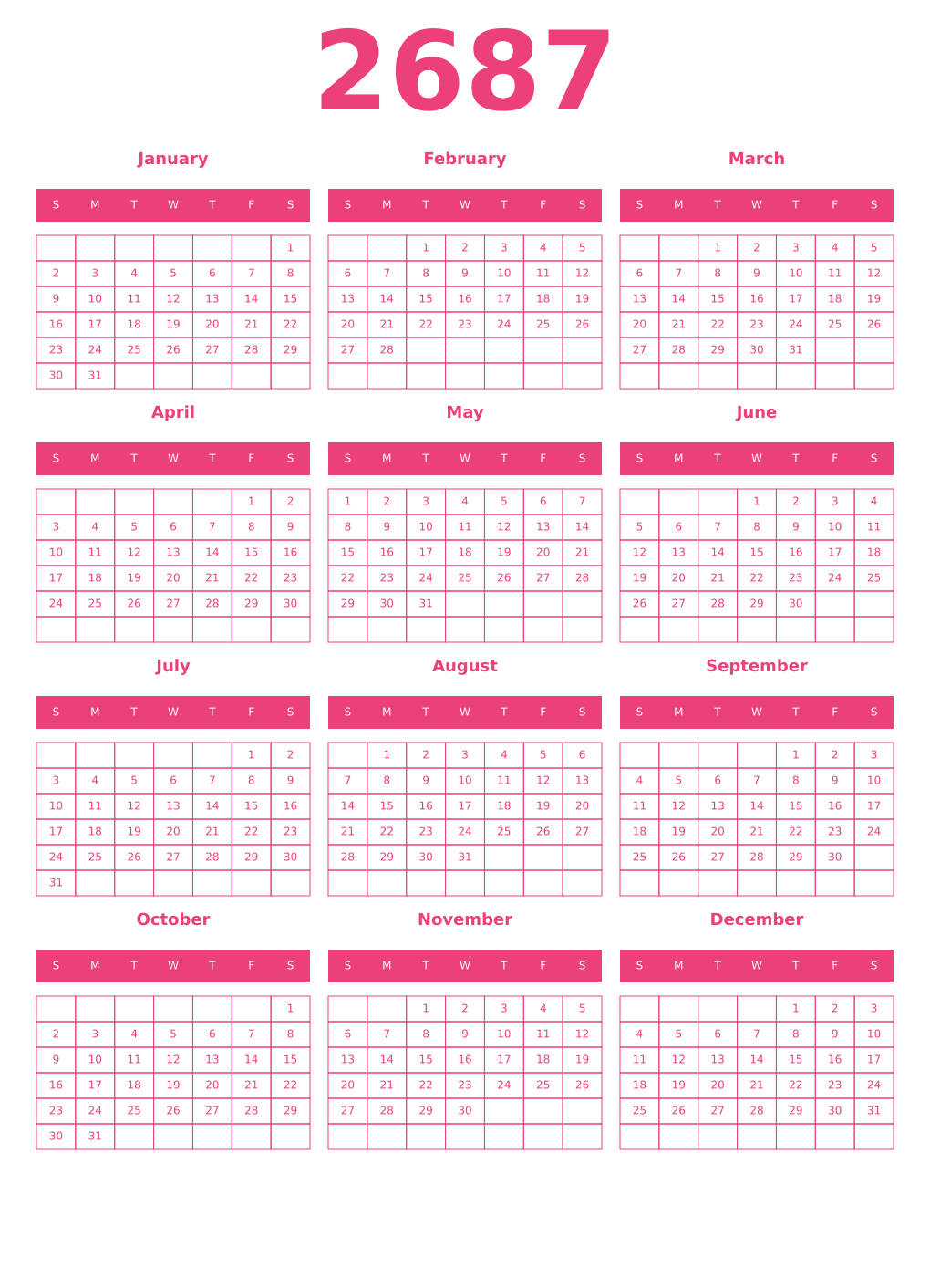 Printable 2687 Year Calendars pink