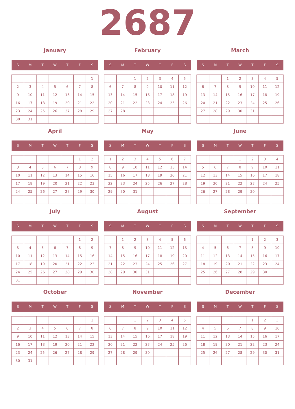 Printable 2687 Year Calendars puce
