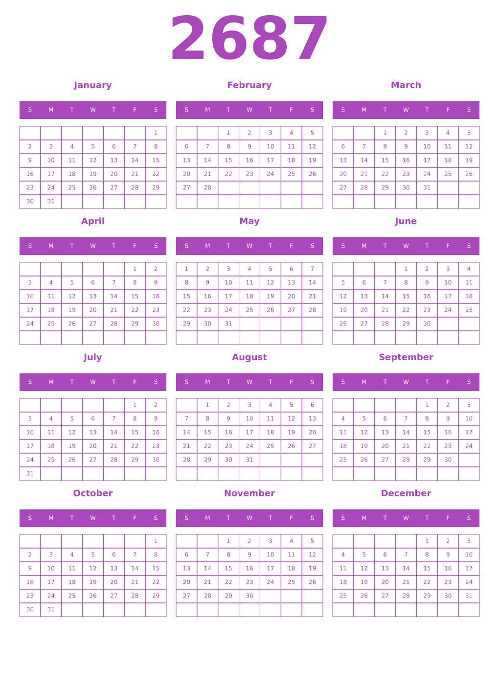 Printable 2687 Year Calendars purple