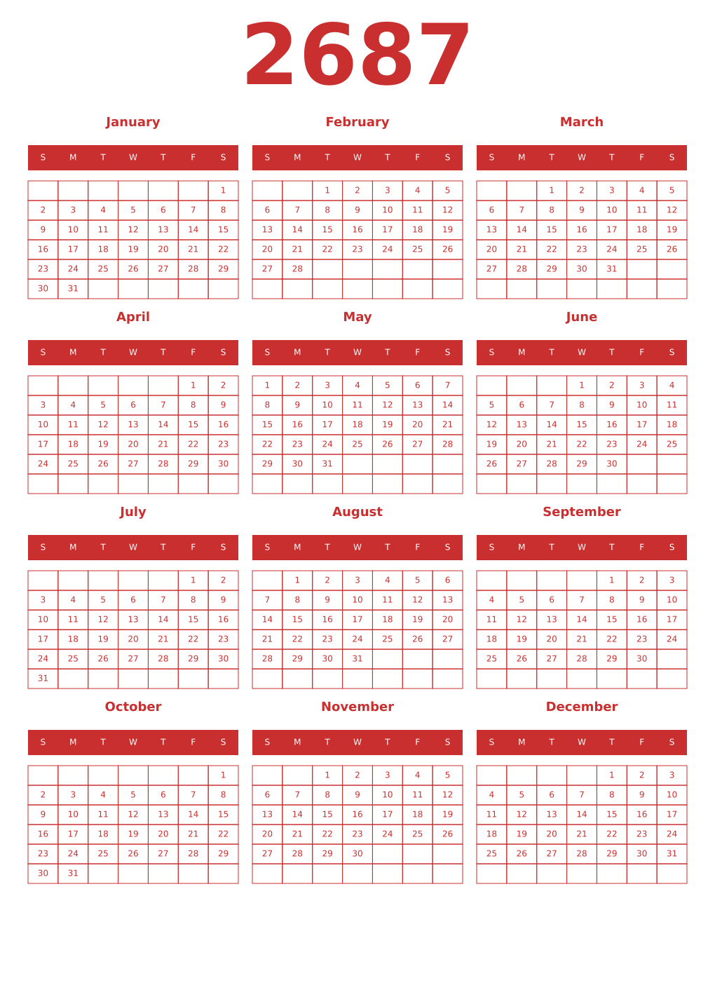 Printable 2687 Year Calendars red