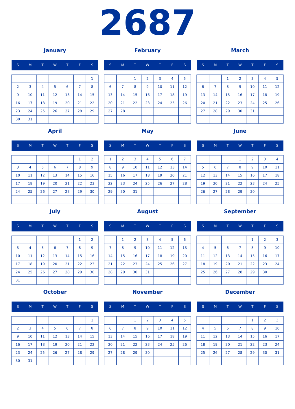 Printable 2687 Year Calendars smalt