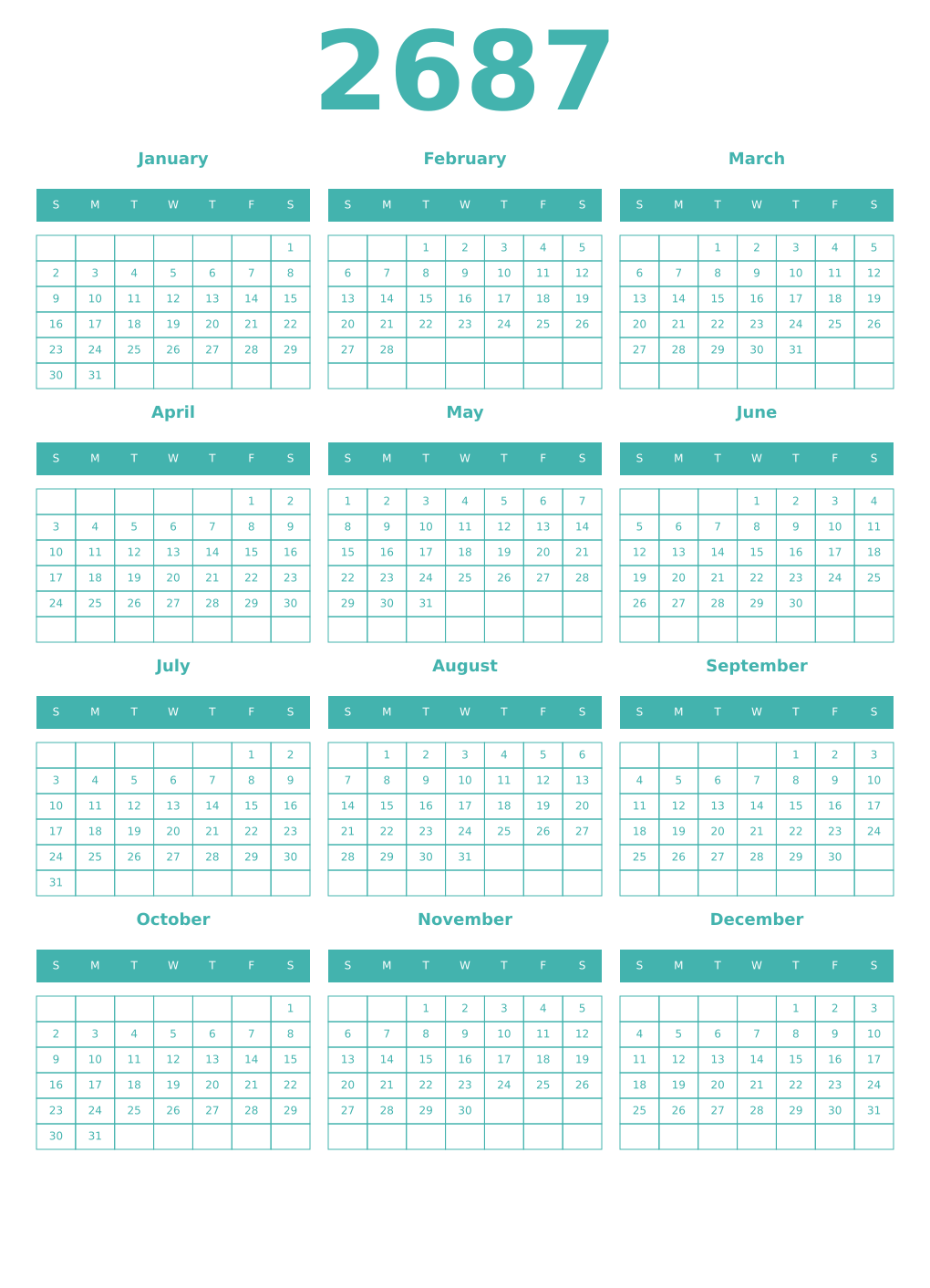 Printable 2687 Year Calendars verdigris