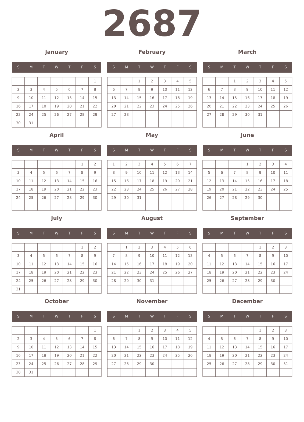 Printable 2687 Year Calendars wenge