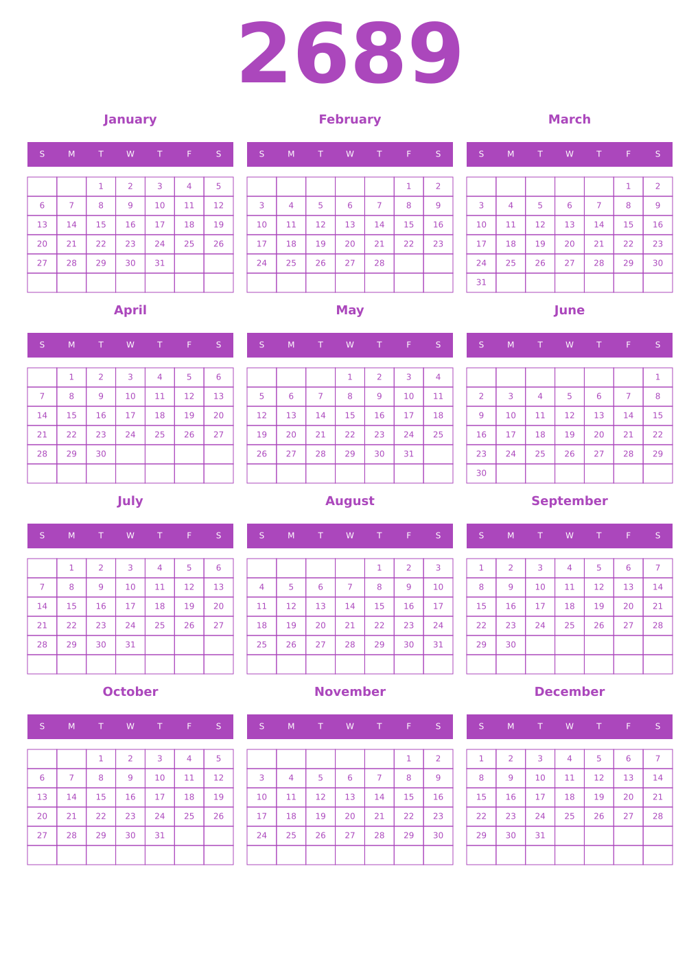 Printable 2689 Year Calendars purple