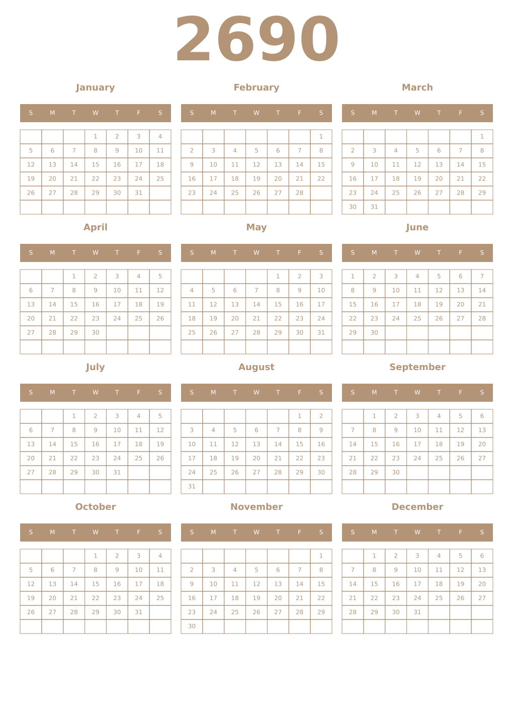 Printable 2690 Year Calendars isabelline