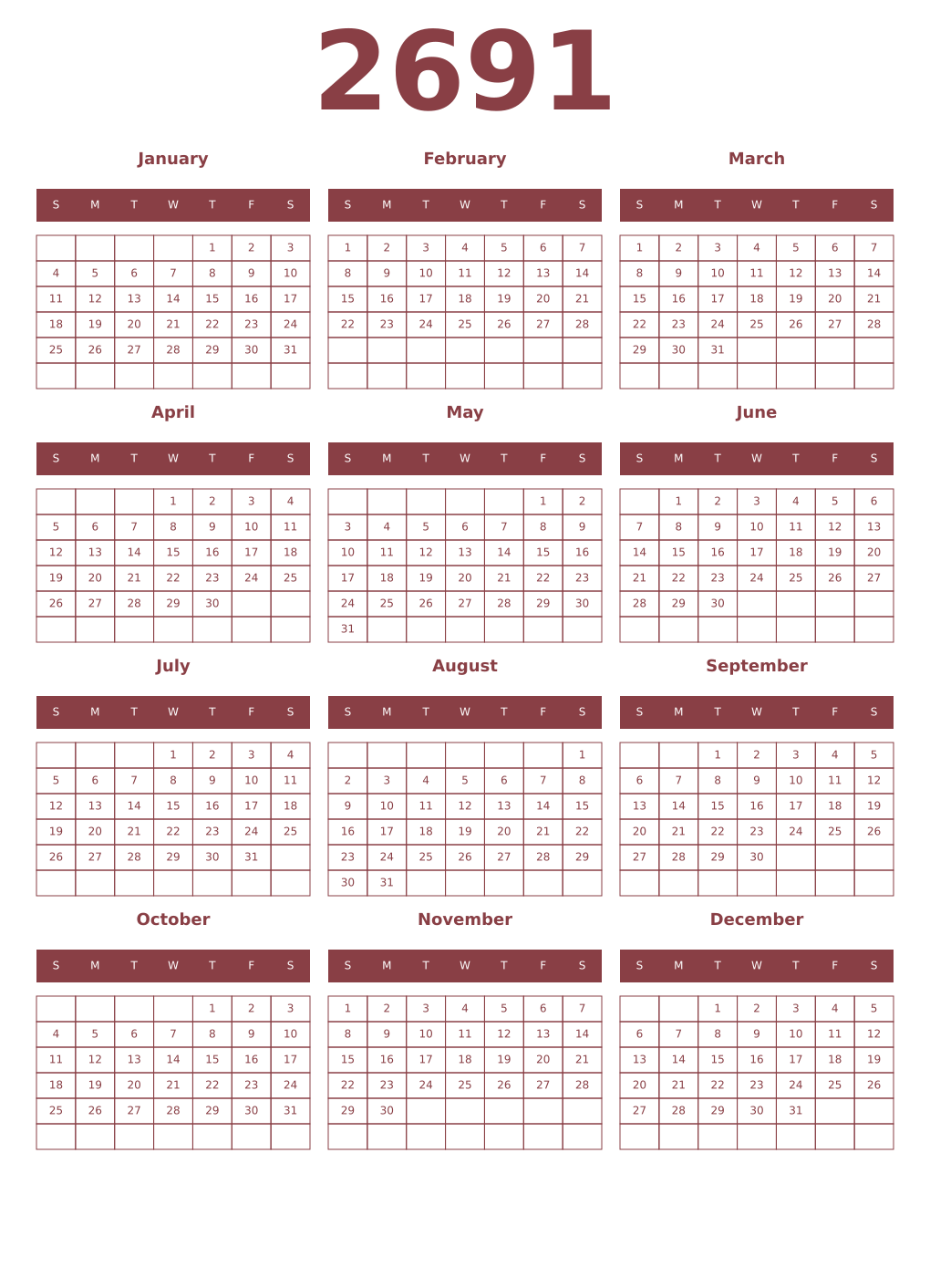 Printable 2691 Year Calendars cordovan
