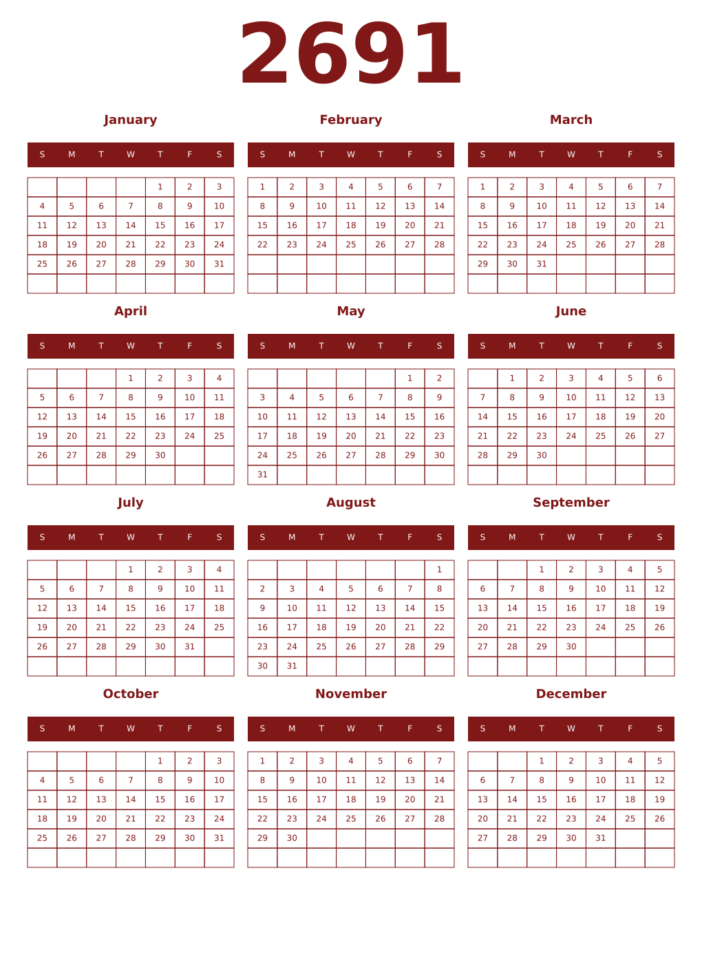 Printable 2691 Year Calendars falu