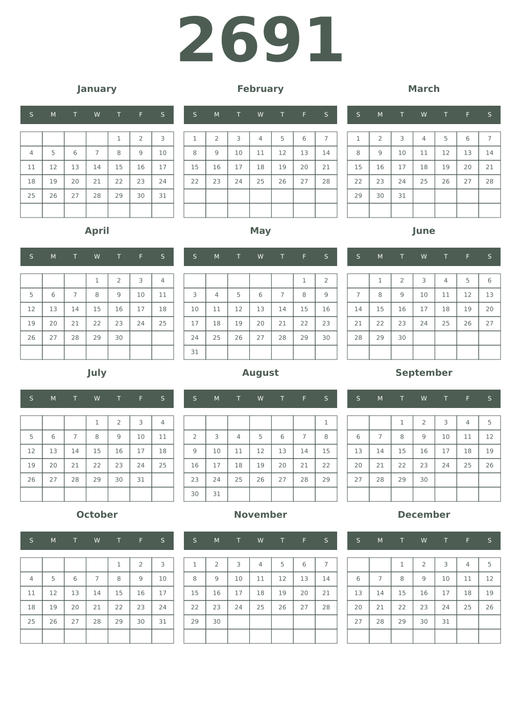 Printable 2691 Year Calendars feldgrau
