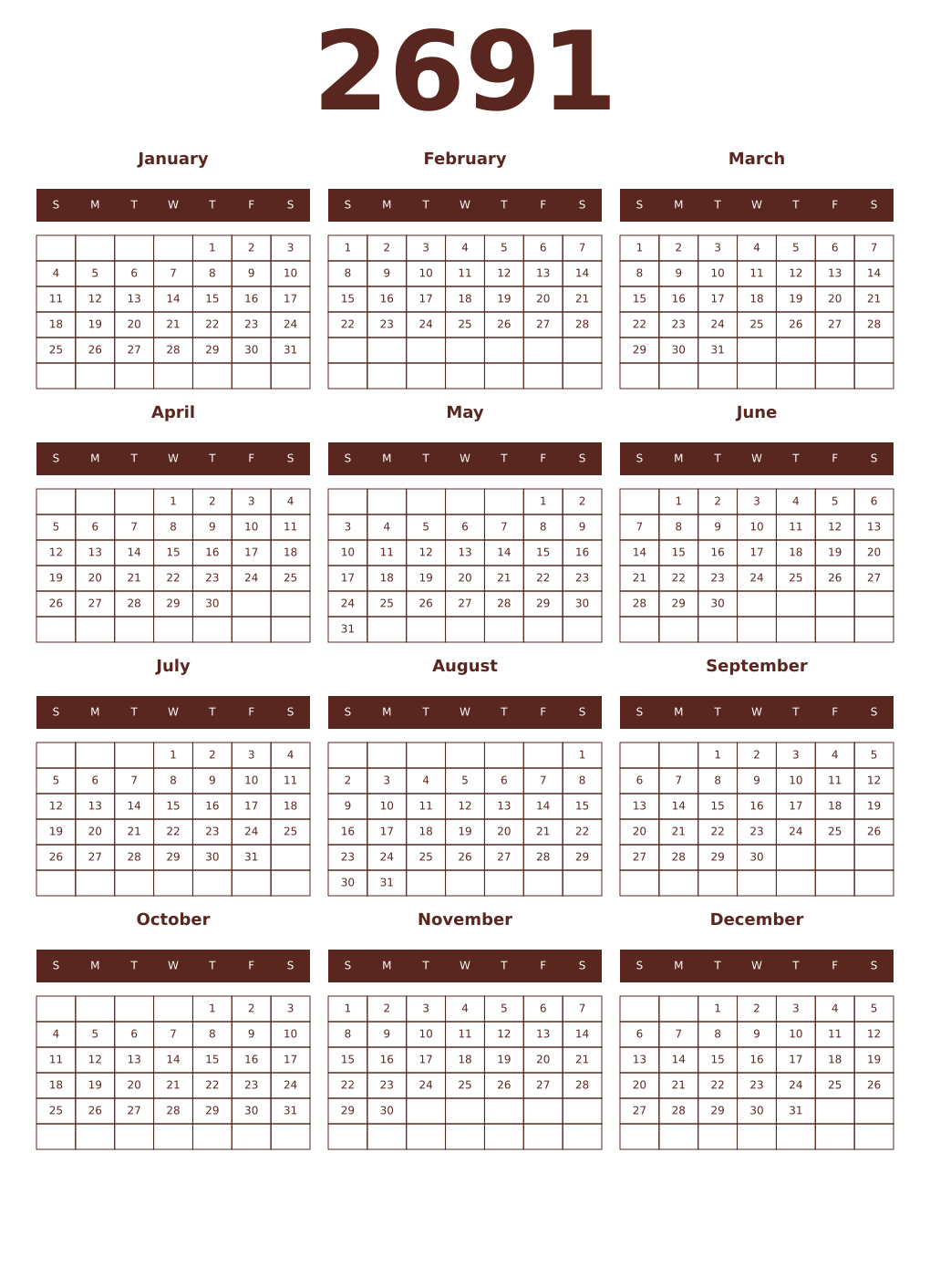 Printable 2691 Year Calendars mortuum