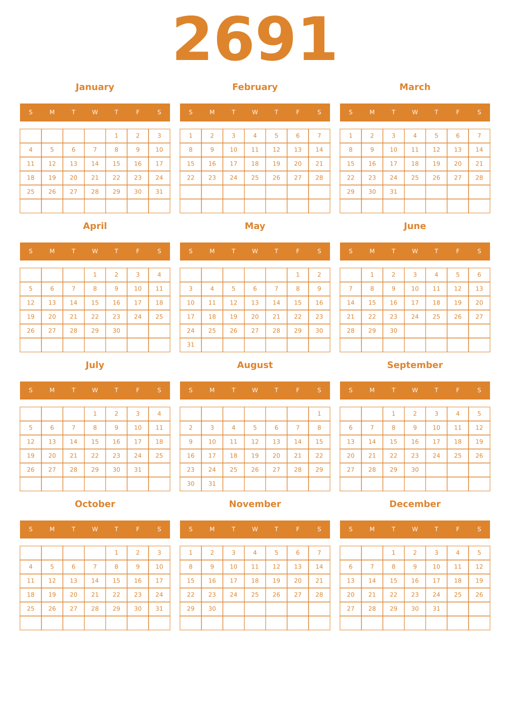 Printable 2691 Year Calendars orange