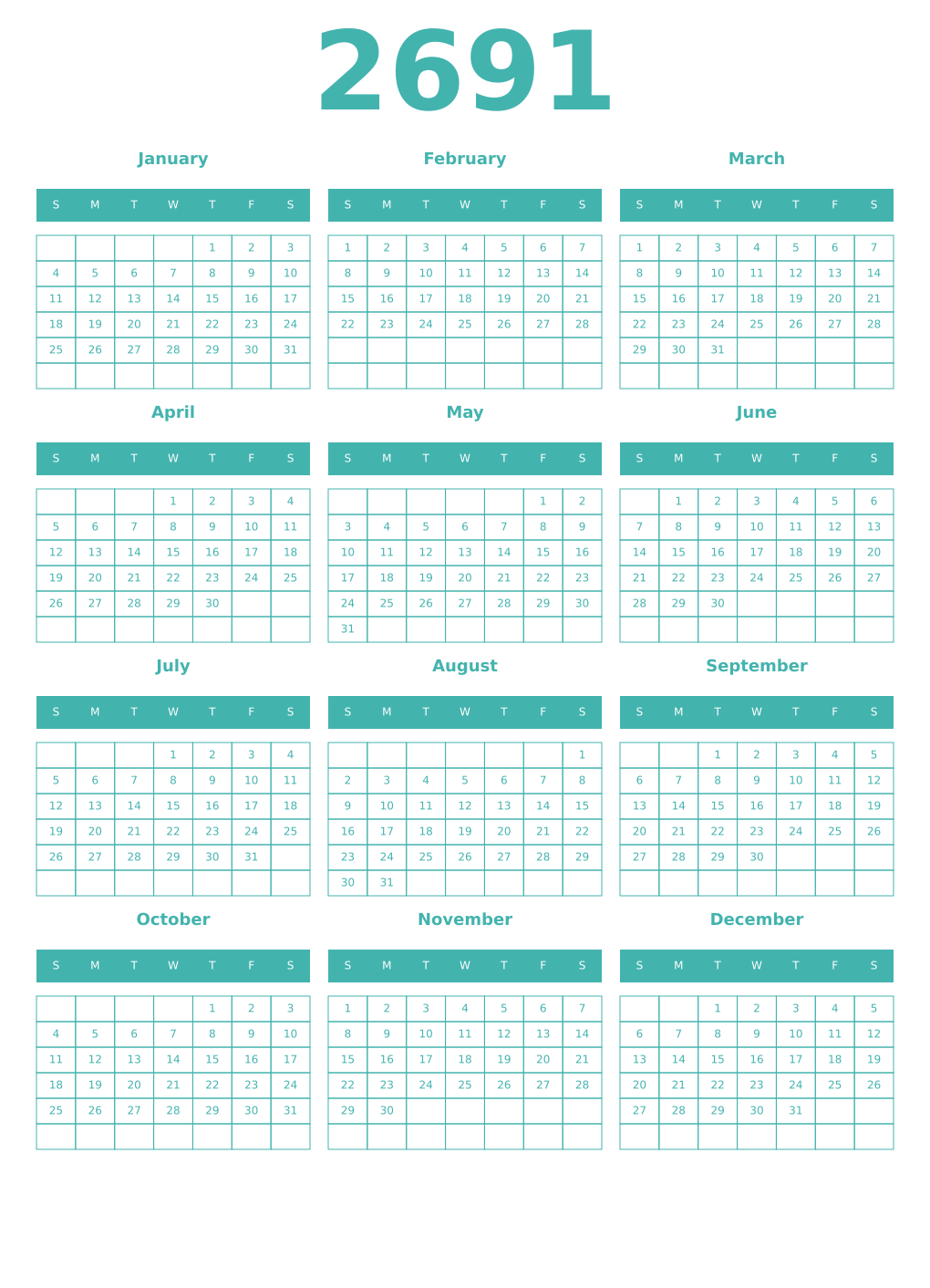 Printable 2691 Year Calendars verdigris