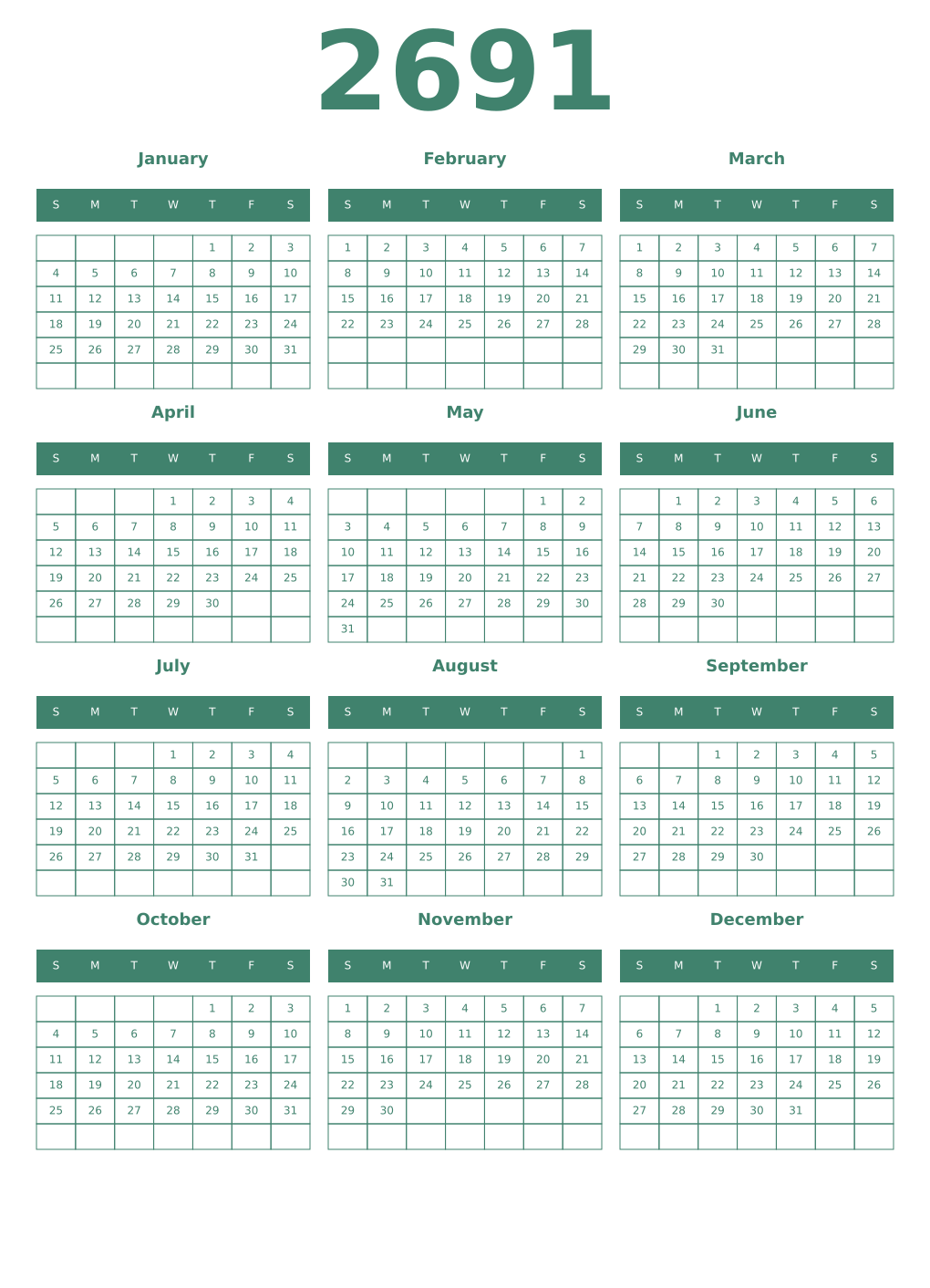 Printable 2691 Year Calendars viridian
