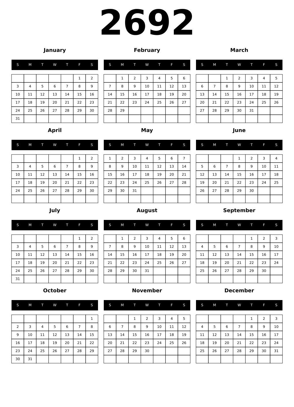Printable 2692 Year Calendars black