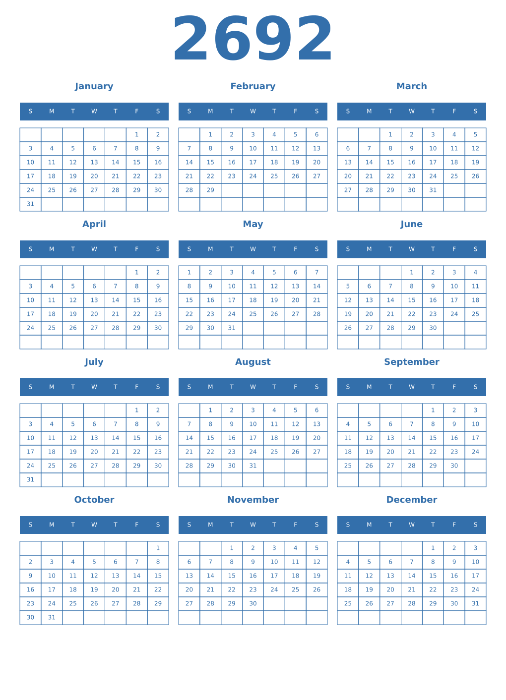 Printable 2692 Year Calendars blue