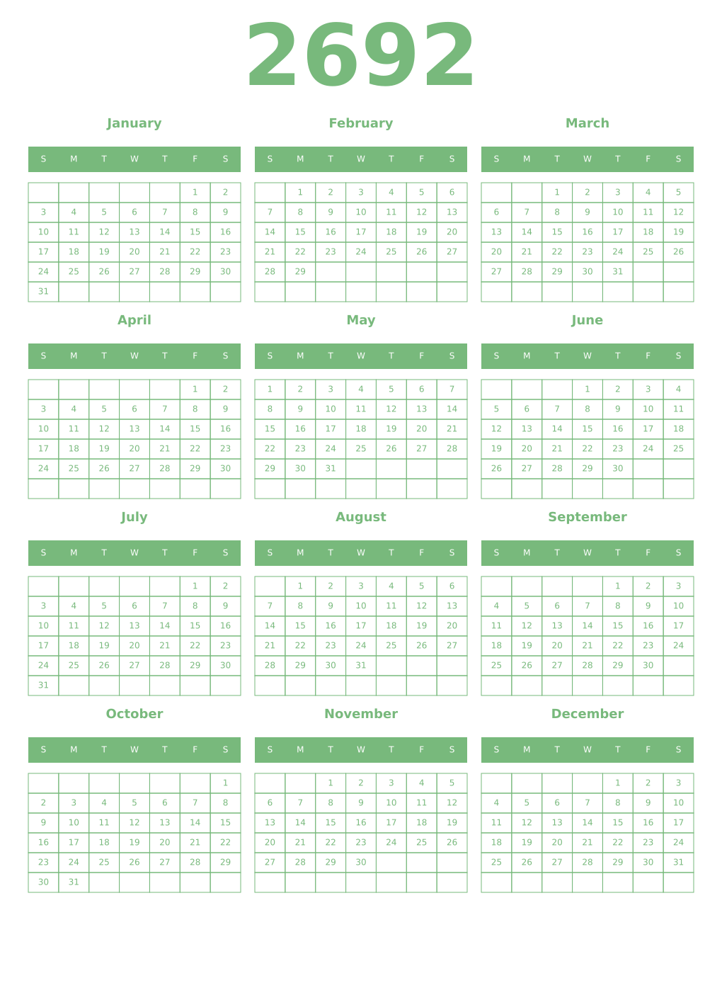 Printable 2692 Year Calendars celadon