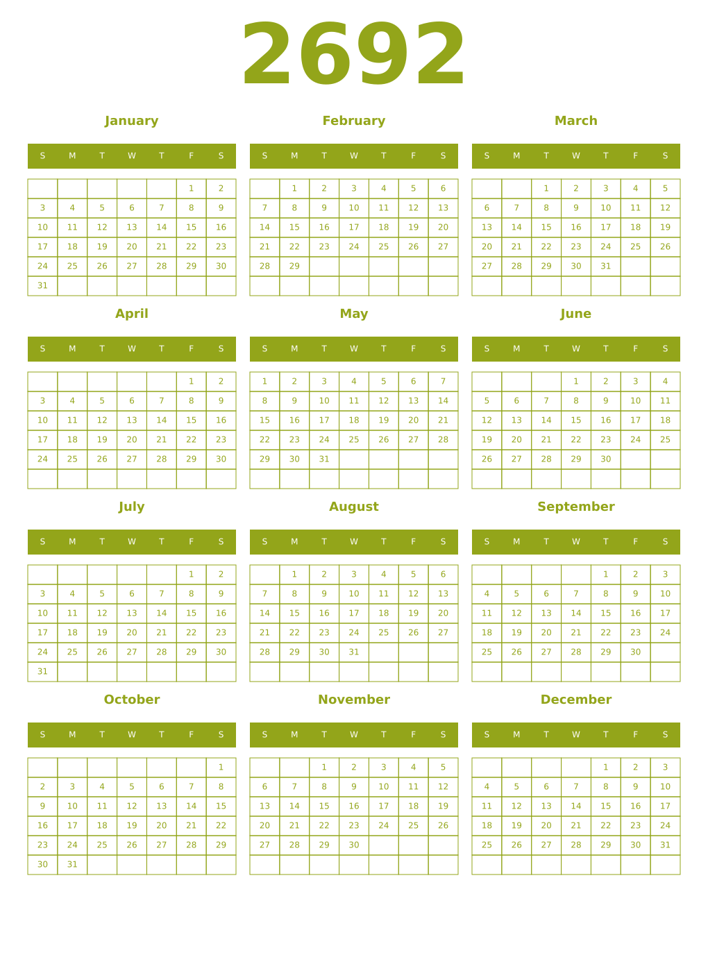 Printable 2692 Year Calendars chartreuse